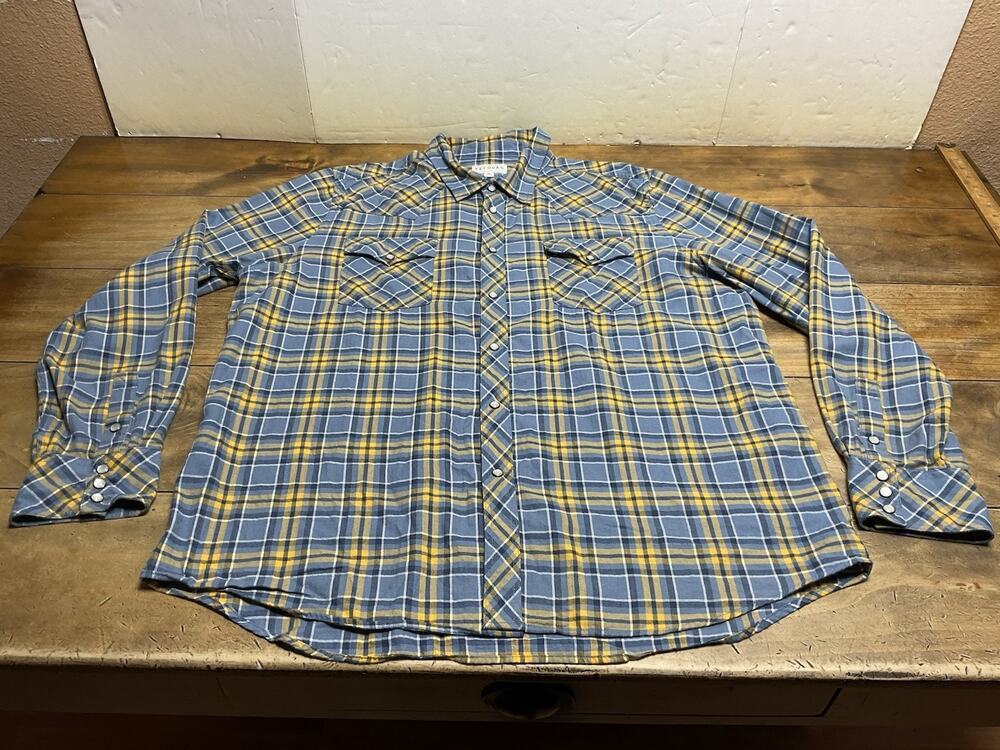 Tecovas Western Pearl Snap Shirt Men's XL Blue Yellow Plaid Cowboy Ranch Cotton